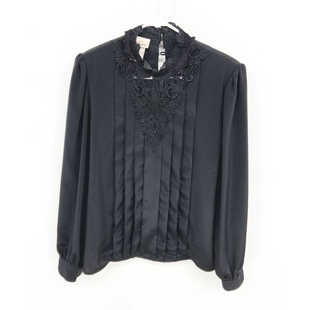 Vtg Worthington Witchy Core Black Pleated Long Sleeve Laced High Neck Top